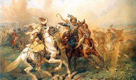 A Oil painting of a Crimean Tatar engaging Polish cavalry on horseback.