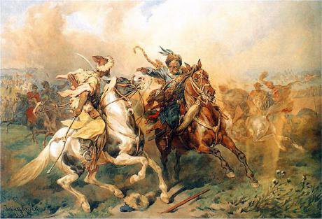 A Oil painting of a Crimean Tatar engaging Polish cavalry on horseback.