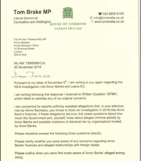 Tom Brake&#x27;s letter to Theresa May, dated 20 November 2018