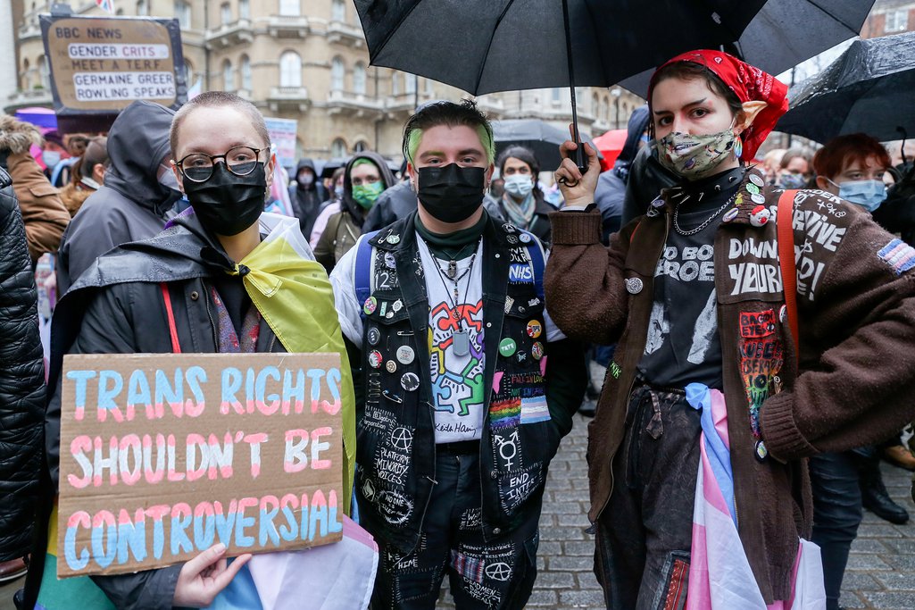 Trans rights protesters outside the BBC, 8 January 2022