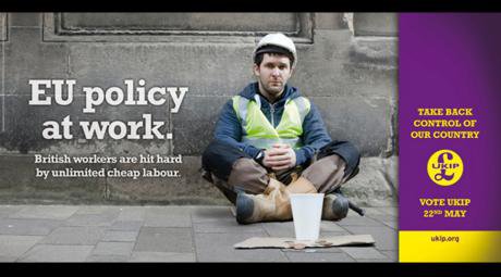 A UKIP poster shows a British white man begging in the street.