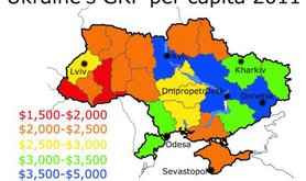 Map of Ukraine showing hot GRP varies drastically across regions, with the industrialised east richer than the west. 