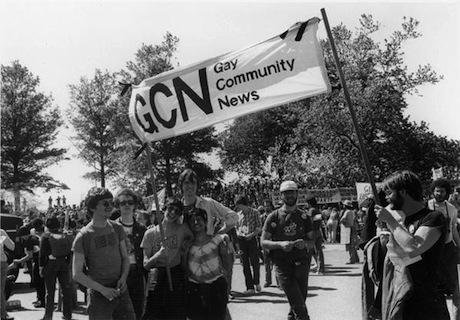 Gay Community News at a demo against US intervention in El Salvador