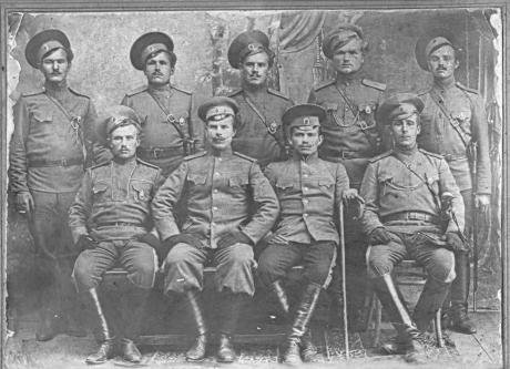 A group of Orenburg Cossacks posing for a picture in military gear in 1912.