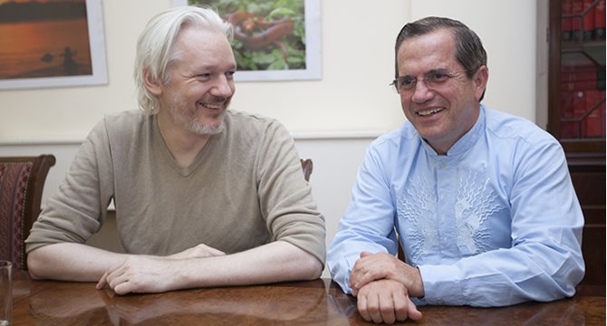 Julian Assange and Ricardo Patiño in Ecuador’s embassy in London, on the second anniversary of his arrival at the legation.