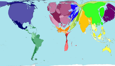 Worldmapper: World in 2002. Territory size shows the proportion of worldwide wealth found there, adjusted for local purchasing power.  © Copyright SASI Group (University of Sheffield) and Mark Newman (University of Michigan).