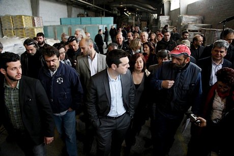 Alexis Tsipras, leader of Syriza, visits a self-managed factory in Thessaloniki, Greece. Demotix/Konstantinos Tsakalidis. All rights reserved.