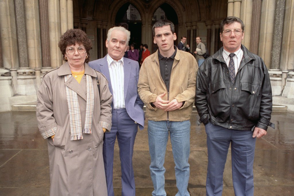 Anne Maguire, her husband Patrick, son Patrick and Sean Smith outside the High Court in London in 1991 for the Maguire Seven retrial.