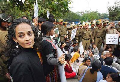 Arundhati Roy with others at a protest