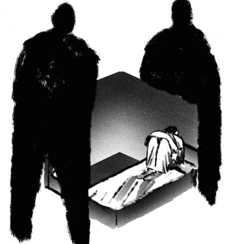 illustration: boy menaced by large men