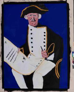 A painting of a man in 18th century naval uniform holding a document