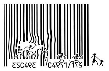 Barcode/stickman cartoon - consumerism escape