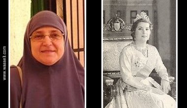 Photo of Um Ahmad next to photo of Queen Nariman