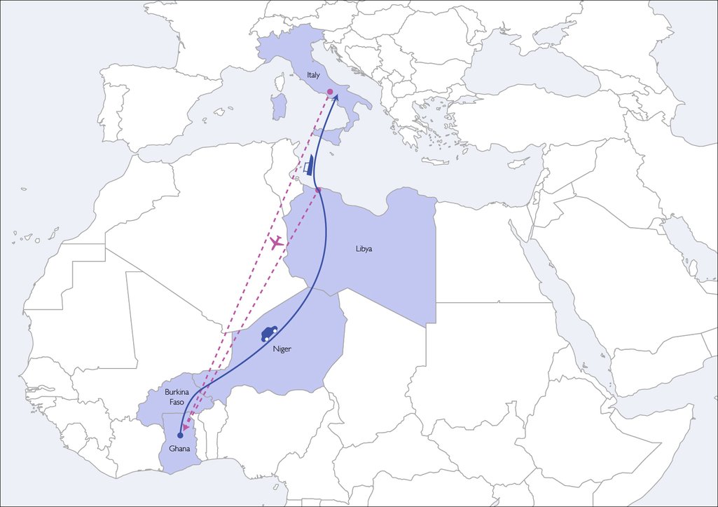 A map showing the trip from Ghana, through Burkina Faso and Niger, to Libya and then onto Italy