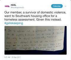 Screenshot of @HousingActionSL tweet of an image of a handwritten note.