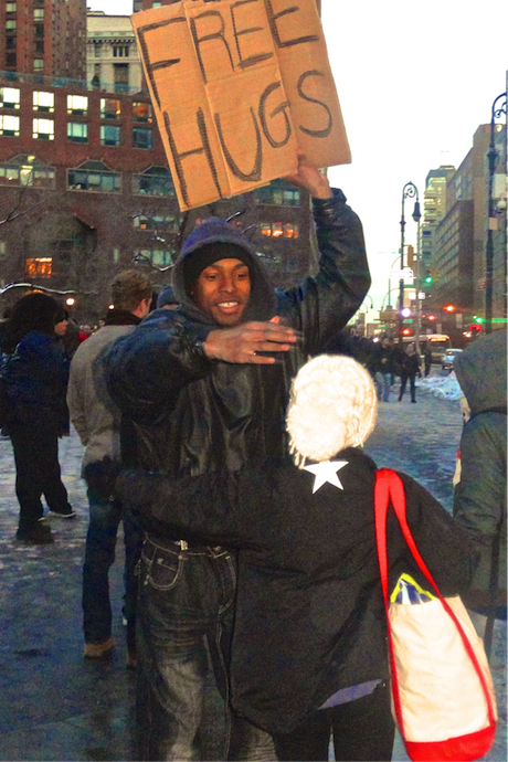 "Free hugs have replaced free therapy on Union square."