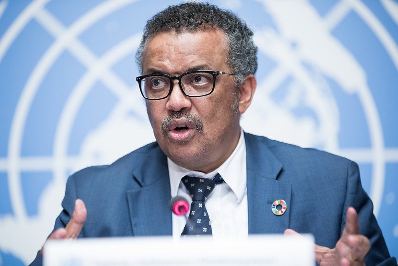 Tedros Adhanom Ghebreyesus, Director-General, World Health Organisation (WHO) speaks at a press conference at the UN Office in Geneva, Palais des Nations. 18 May 2018