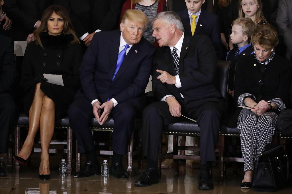 Melania Trump, Donald Trump and Franklin Graham at his father Billy Graham’s funeral