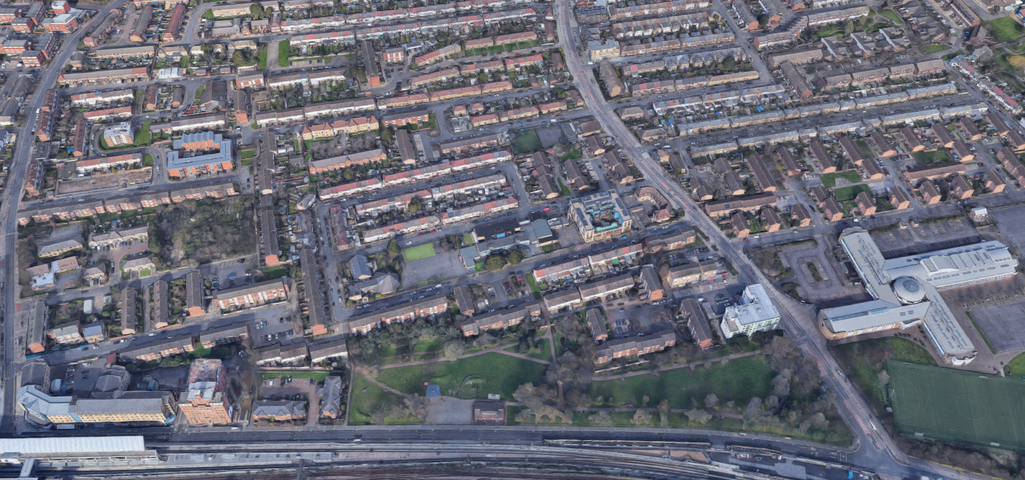 An aerial view of the Custom House estate in Newham, with Cundy Park to the south and Freemantle Road to the west