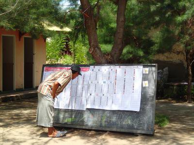 An Indonesian citizen reviews a list of parliamentary candidates