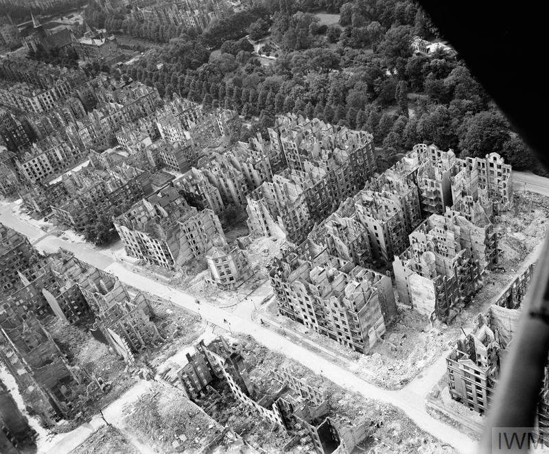 Ruins of apartment buildings in Hamburg destroyed by the firestorm which developed during the raid by Bomber Command on the night of 27/28 July 1943 (Operation GOMORRAH).