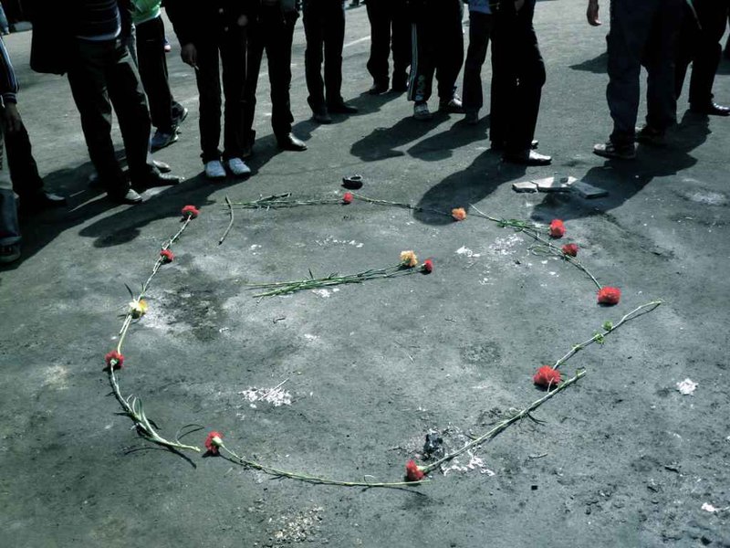 Makeshift memorials appeared outside the Bishkek White House, the site of the April 7th violence. Photo Madeleine Reeves