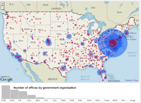 Government & private surveillance agencies in the US. “Top Secret America,” Interactive Maps. Washington Post, July 2010.
