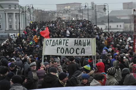 Thousands of protesters march through Moscow in 2012.
