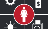 Dry, clean graphic of 'woman' symbol surrounded by symbols suggesting work, prices, clocking-in, ideas.