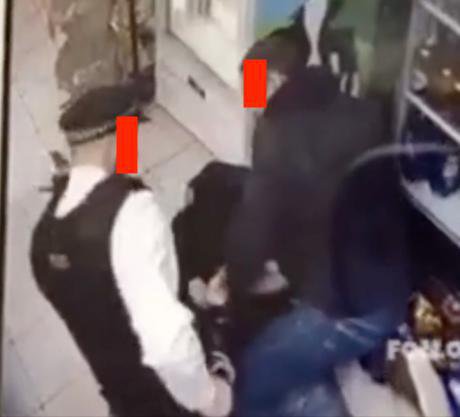 Witness 1 and police officer BX47 handcuff Rashan Charles on the floor of a Hackney convenience store, Saturday 22 July 2017