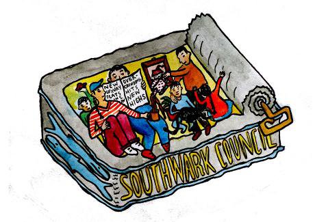 Illustration of group of people packed into a sardine can. 