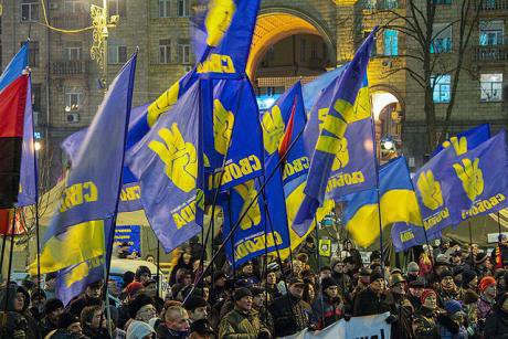 Svoboda supporters march in Kiev during the Maidan protests. Flickr/Slawekol. All rights reserved.