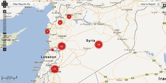 Crowd-map using Ushahidi technology and showing instances of sexual violence in Syria