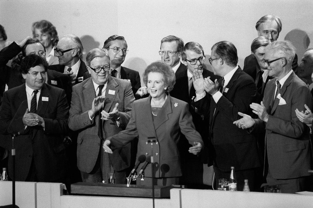Margaret Thatcher at the Conservative party conference in 1989 flanked by Nigel Lawson, Geoffrey How, Douglas Hurd and other cabinet ministers.